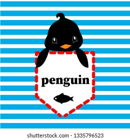 penguin,baby penguin in pocket with fish vector illustration for t-shirt print,wallpaper,poster and other uses. Can be used for design of cards.vector illustration isolated on striped backgroun