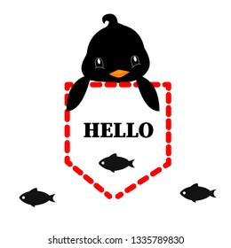 penguin,baby penguin in pocket with slogan hello vector illustration for t-shirt print,wallpaper,poster and other uses. Can be used for design of cards