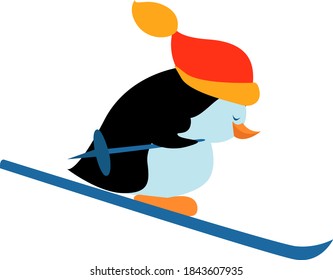 Penguing skiing, illustration, vector on white background