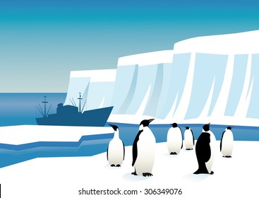 Penguins against the backdrop of icebergs, the sea and the fishing vessel.