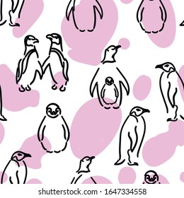 Penguins animals , birds vector seamless pattern with pink stains . Concept for print, textile, cards 
