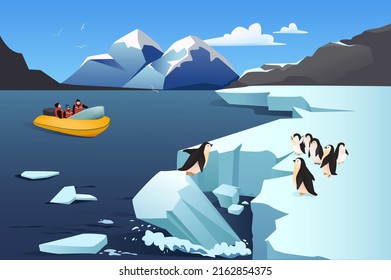 Penguins of Antarctica concept in flat cartoon design. Scientists in boat floating, penguins on ice floe on shore. Scientific research of wildlife. Vector illustration with people scene background