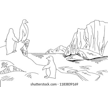 Penguins in Antarctica at the iceberg graphic black white sketch landscape illustration vector