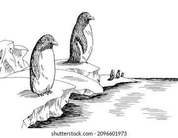 Penguins in Antarctica at the iceberg graphic black white sketch landscape illustration vector 