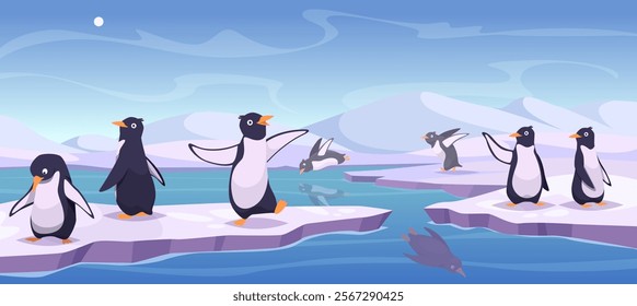 Penguins. Arctic background polar pole with wild happy animals exact vector penguins