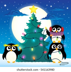 Penguins around Christmas tree theme 3 - eps10 vector illustration.