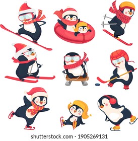 Penguins athletes. Sports characters icons flat illustration