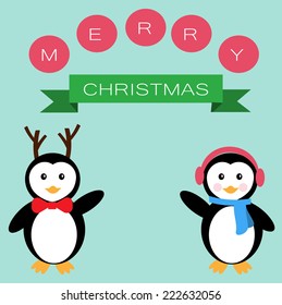 Penguins  and banner for Merry Christmas