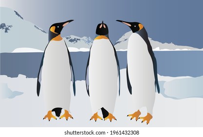 Penguins With Beautiful River and Mountains Background, Vector Illustration