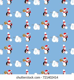 Penguins build a snowman pattern on the blue background. Vector illustration