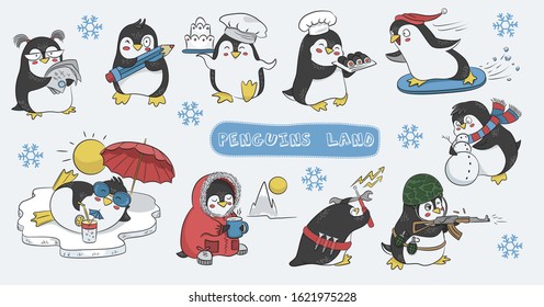 
Penguins cartoon. Penguins vector illustration. Animals vector. Penguins set