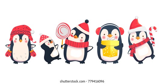 Penguins cartoon vector illustration. Christmas penguin characters