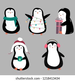 Penguins cartoon vector illustration. Five Christmas penguins