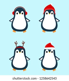 
Penguins cartoon vector illustration. set of christmas characters. penguins in headdresses.