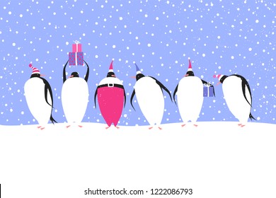 Penguins celebrate Christmas. Winter holidays vector illustration.