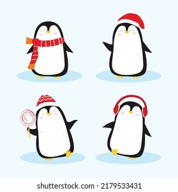 Penguins characters in various illustrations vector