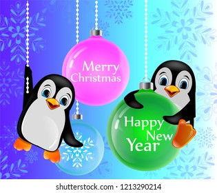 Penguins chartoons. New Year. Christmas. Christmas balls. Winter. textures, snowflakes. Congratulations on Christmas. Greeting card, banner, poster, invitation. Christmas texture. Vector