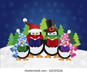 Penguins Christmas Carolers with Hats and Scarfs with Night Winter Snow Scene and Random Music Notes Background Vector Illustration