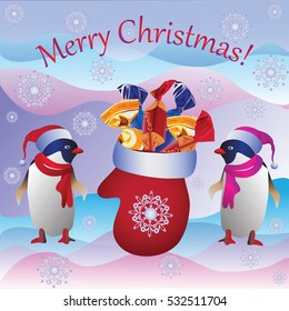 The penguins and the Christmas mitten. Vector image. Design a Christmas card, banner, poster, invitations.