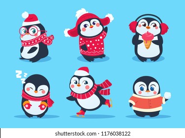 Penguins. Christmas penguin characters in winter clothes. Xmas holiday cute vector cartoon mascots. Cartoon christmas animal penguin illustration