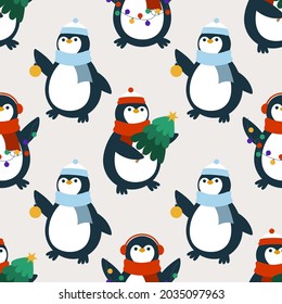 Penguins with Christmas tree, garland, and ball. Vector seamless pattern in cartoon style. Can be used for wallpaper, textile, packaging. 