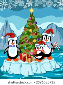 Penguins with a Christmas tree on an ice floe.Illustration with penguins and a Christmas tree on a large ice floe.
