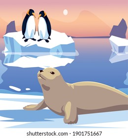 penguins couple and seal in the melted iceberg sea vector illustration