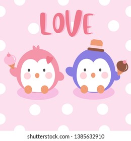 Penguins couple vector love valentine day card anniversary icecream summer holiday vector: Kawaii style with dot background. Perfect for kid's greeting card design, t-shirt print, inspiration poster. 
