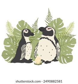 penguins with the Cute baby. Egg cub. Family of birds. Vector stock illustration. Monstera jungle leaves on background. Isolated on white background. 