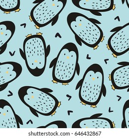 Penguins. Cute seamless pattern with penguins. Vector decorative background for design of fabric, home textile, children's clothing, children's room design, packaging design and packaging paper