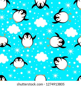Penguins in different poses. Seamless pattern. Vector cartoon illustration