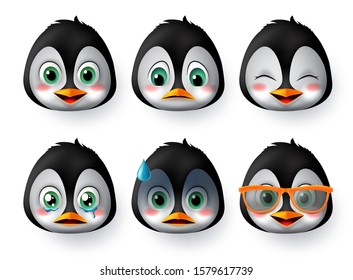 Penguins emoji or emoticon face vector set. Penguin emoji animal face wearing sunglasses with happy, scared, crying, and sad emotions for avatar and character  collection isolated in white background.