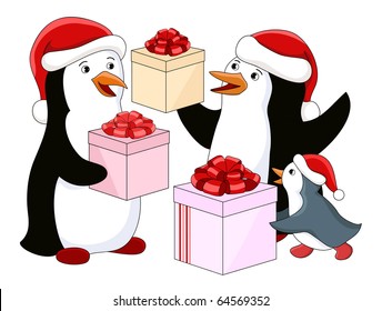 Penguin's family with gifts. Vector illustration