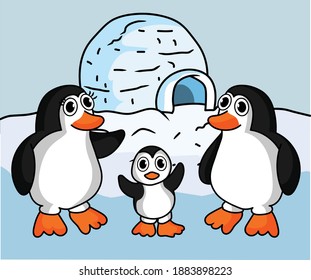 Penguins family with Igloo ice house vector stock illustration