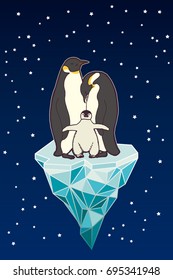 Penguins family on iceberg on stars background. Vector illustration.
