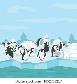 familia de pingüinos con el ártico del polo norte de invierno 