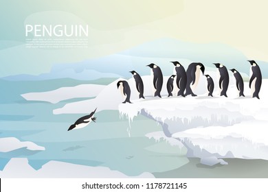 Penguins and family/friends group on ice are jumping joyfully with ice mountain background and sunset in winter. Group of penguin design.EPS10 Vector.