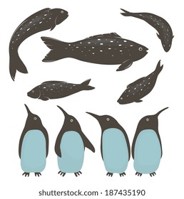 Penguins and Fish Collection. Illustration set of penguins and their food. Vector EPS8