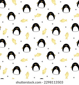 Pingüinos y peces en un patrón ininterrumpido. Squishmallow. Antecedentes con pingüinos. Kawaii, vector. Ilustración vectorial aislada eps 10