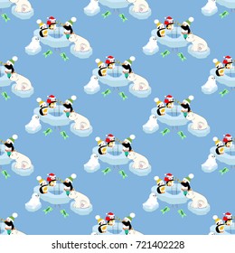Penguins fishing pattern on the blue background. Vector illustration