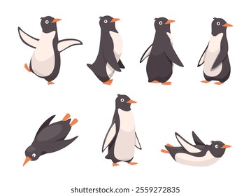 Penguins. Funny arctic animals in action poses cute penguins jumping running walking exact vector polar characters