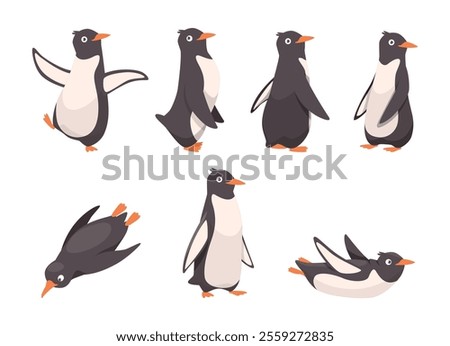 Penguins. Funny arctic animals in action poses cute penguins jumping running walking exact vector polar characters