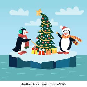 penguins with gift boxes and Christmas tree - Illustration