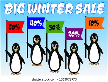 Penguins group with percent flags on banner big winter sale, advertisement of winter discount up to 50 percent, cute birds on ice gradient background, five penguins cartoons with colorful flags