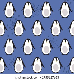 Penguins, hand drawn backdrop. Colorful seamless pattern with birds. Decorative cute wallpaper, good for printing. Overlapping colored background vector. Design illustration