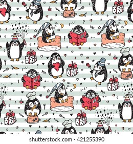 Penguins. Hand drawn doodle Cute penguins vector Seamless pattern. Funny penguins Seamless background. Colorful wallpaper for children with penguins.