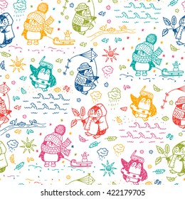 Penguins. Hand drawn doodle Cute penguins Seamless pattern. Four Seasons. Times of year. Weather. Funny penguins at different times of year - vector illustration