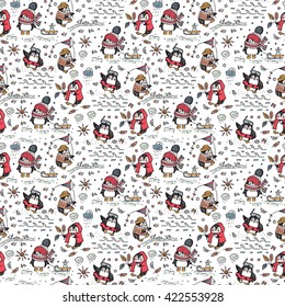 Penguins. Hand drawn doodle Cute penguins Seamless pattern. Four Seasons. Times of year. Weather. Funny penguins at different times of year - vector illustration