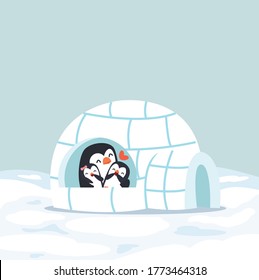 Penguins happy with baby Igloo ice house in winter