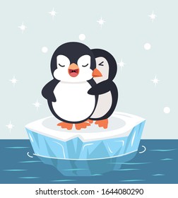 Penguins happy Couple hug on ice floe vector